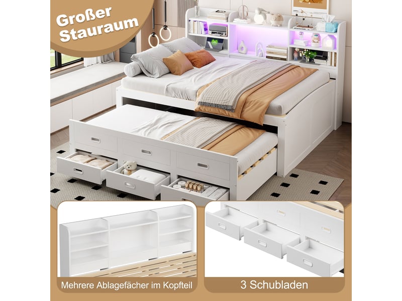 Lit banquette blanc 140x200 cm avec lit gigogne - led, 3 tiroirs et ports usbtype-c  - Conforama R
