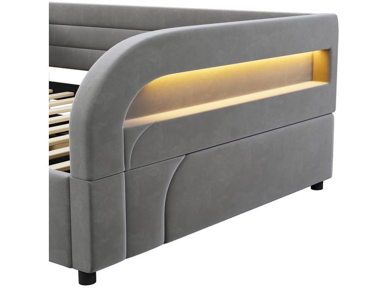 Lit coffre banquette 140 × 200 cm, rangement hydraulique, led rgb, côtés rembourrés, sommier à lattes, flanelle grise - Conforama E