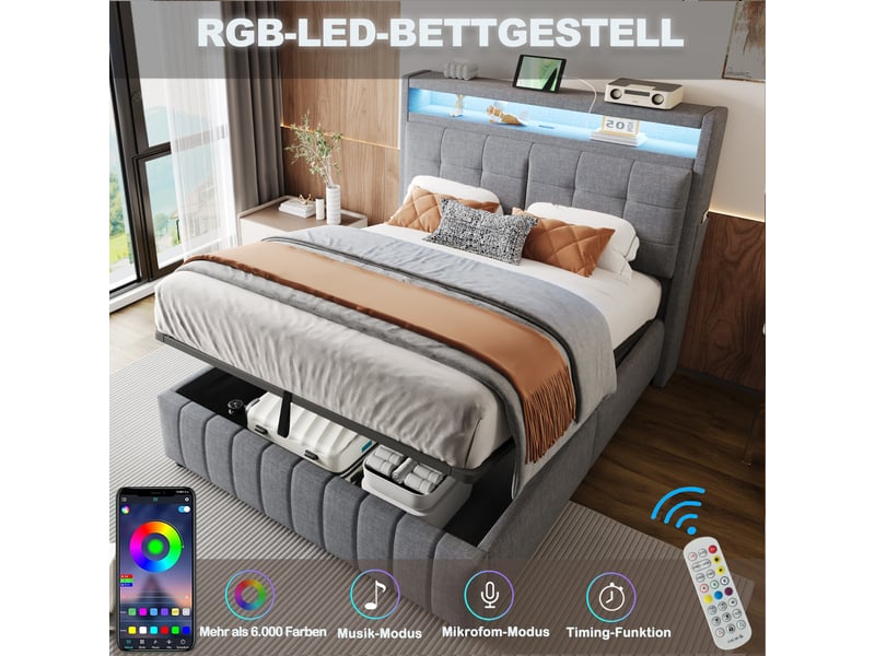  Lit capitonné 140*200 cm gris en lin avec led, usb, coffre hydraulique, tête à étagères et cadre métal stable  - Conforama D