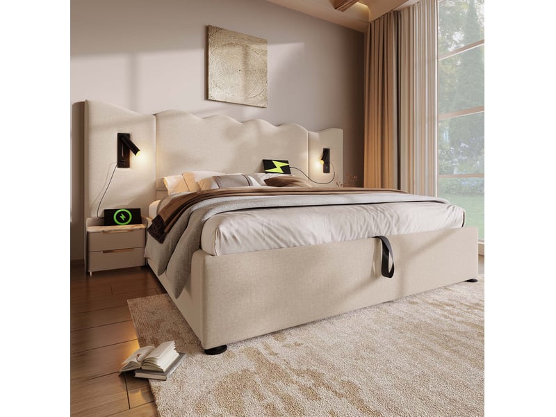  Lit double coffre 160 x 200 cm beige en lin avec matelas, liseuse et charge usb type-c  - Conforama B