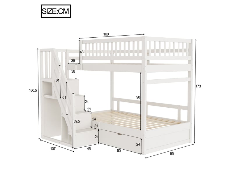  Modenvie lit superposé 90x200 cm - escalier avec rangement, tiroirs de lit, sommier inclus - blanc  - Conforama C