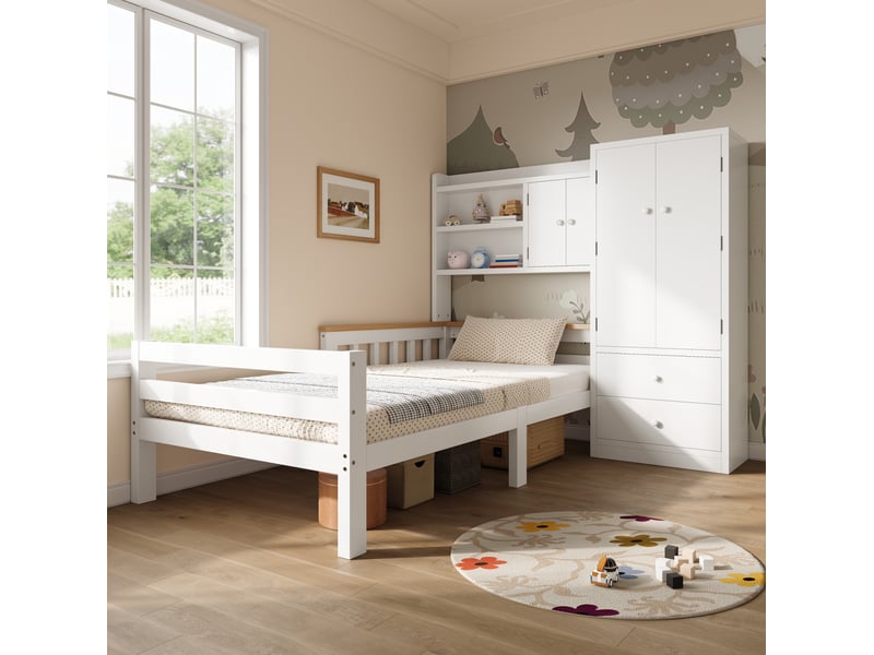  Lit simple enfant 90x200 cm – blanc – rangement intégré avec armoire, tiroirs et étagères – sans matelas  - Conforama B