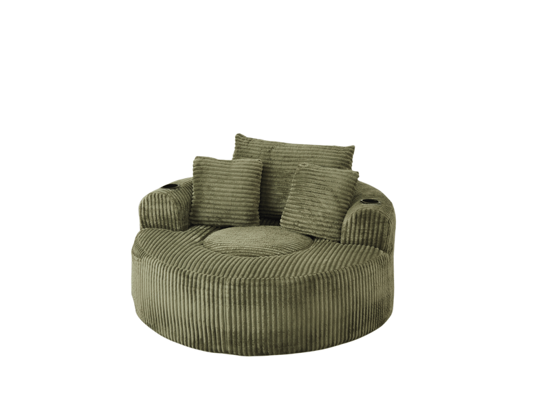 Fauteuil lounge rond 1 place en velours côtelé vert avec 3 coussins - Conforama A