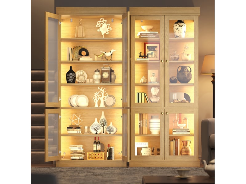  Vitrine avec 2 portes vitrées, étagères réglables et éclairage led pour salon en mdf bois naturel 80 × 40 × 180 cm  - Conforama E