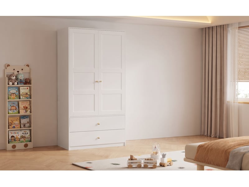  Armoire 100 x 48 x 180 cm, 2 portes avec 2 tiroirs et barre de penderie, blanc, mdf  - Conforama D