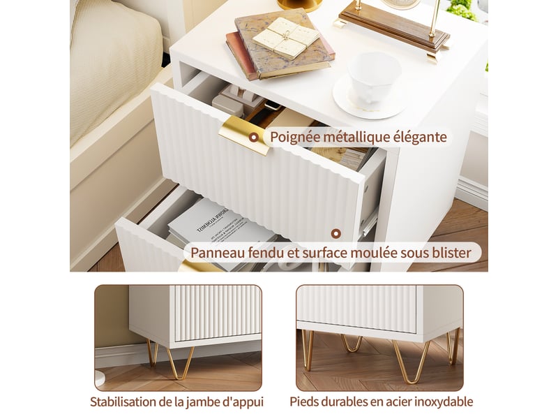  Lot de 2 tables de chevet table de nuit blanc 40 x 40 x 55 cm commode de chevet avec 2 tiroirs  - Conforama W