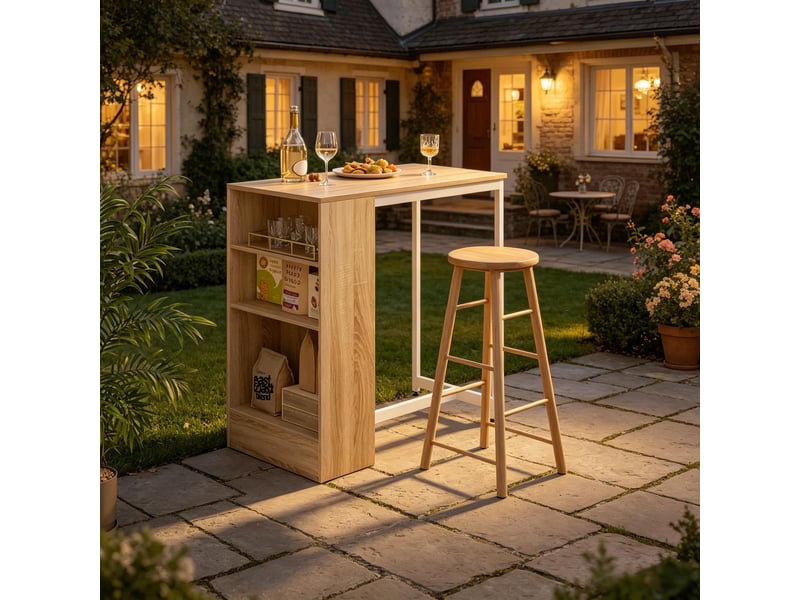  Table de salle à manger avec 3 étagères, rangement pour bouteilles et verres, pour cuisine, en métal et panneaux, blanc et chêne clair  - Conforama E