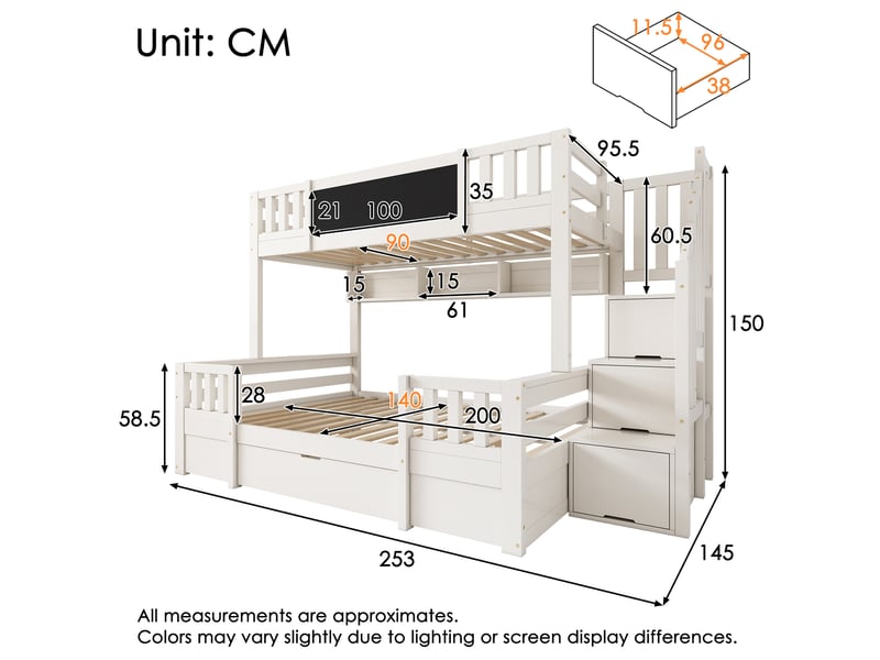  Lit superposé 90x200cm+140x200cm avec tableau noir escalier coffre, 2 tiroirs, bois et mdf, blanc, sans matelas  - Conforama C