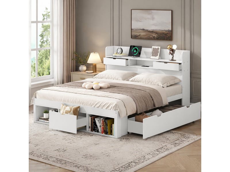  Lit enfant 140x190cm, sommier, recharge, étagère, tiroirs, rangement, bois blanc sans matelas  - Conforama B
