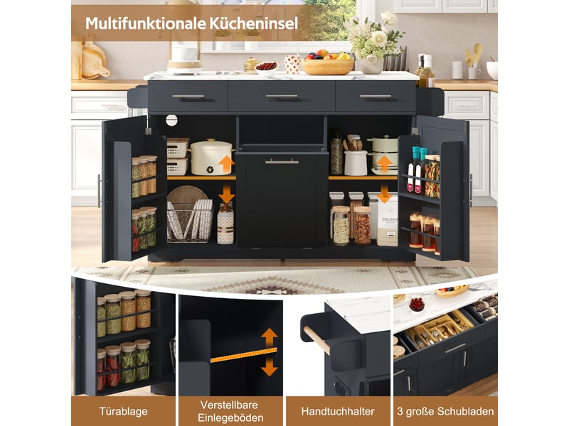  Îlot de cuisine sur roulettes plan rabattable 3 tiroirs mdf gris 136x75x92 cm N635P4079545556G - Conforama E