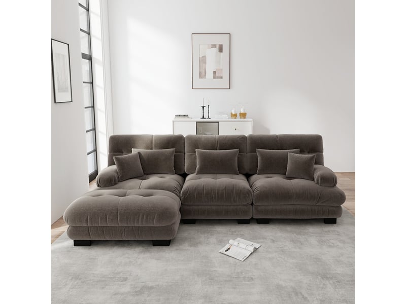  Canapé modulable d’angle avec ottomane en tissu marron  - Conforama D