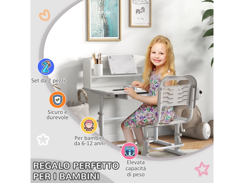  Ensemble bureau enfant avec chaise réglable en hauteur et plateau inclinable, 6-12 ans, gris  - Conforama E