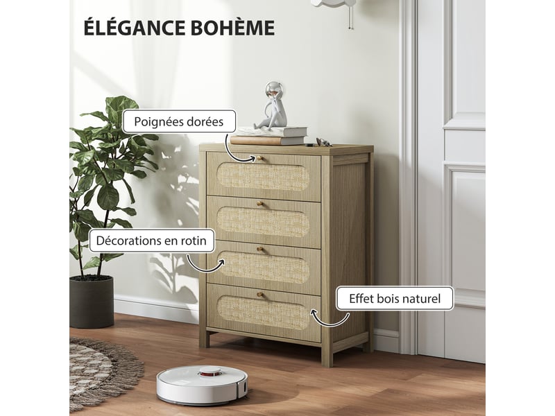  Commode 4 tiroirs meuble de rangement style bohémienne avec portes résine tressée, effet bois naturel, 70 x 38 x 93 cm  - Conforama E