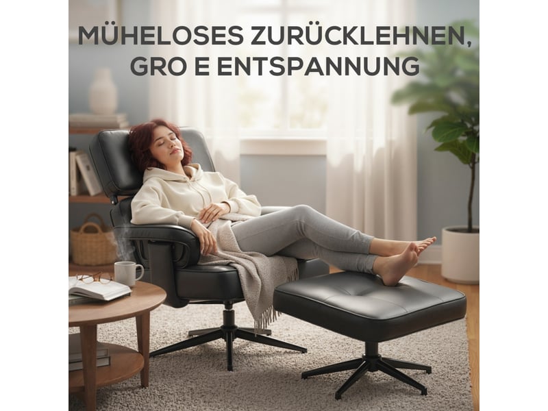 Fauteuil relax inclinable avec repose-pieds, similicuir noir, appui-tête réglable, base métal, pour salon et lecture  - Conforama B