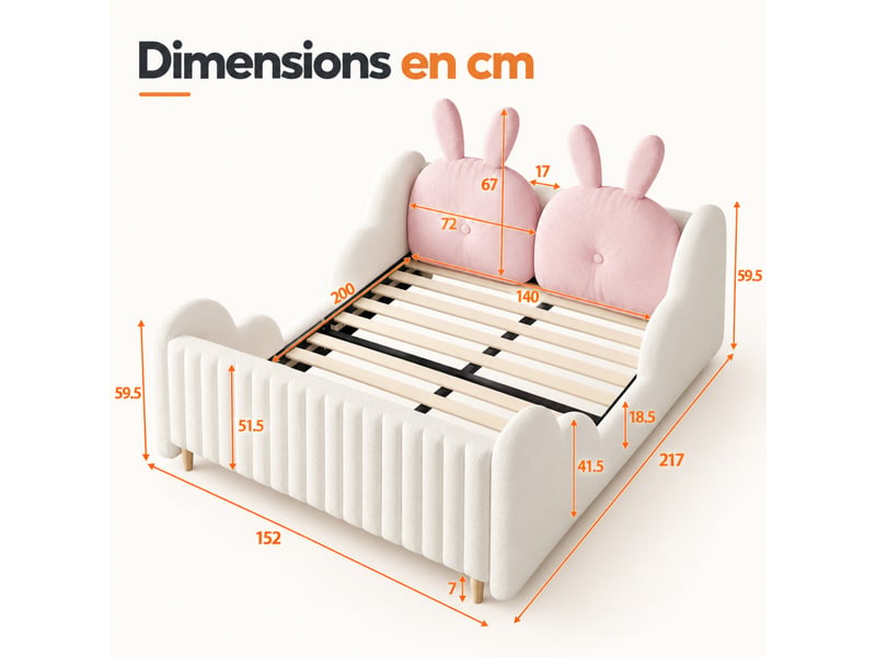  Lit enfant capitonné 140x200 cm blanc en tissu bouclé, tête de lit coussin lapin et barrières nuage, sans matelas  - Conforama C
