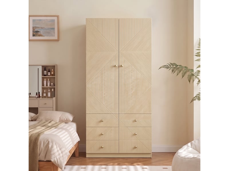  Armoire penderie 90 x 48 x 200 cm, 2 portes, 1 tringle et 6 tiroirs, rangement multifonction pour chambre et bureau, mdf, naturel OMNIGLINT TRADING LTD - Conforama B