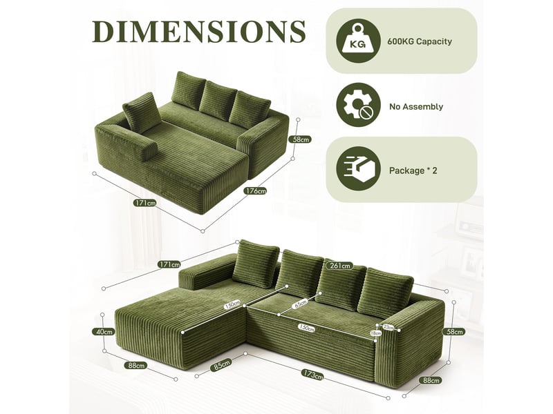  Canapé d'angle modulable 261 cm avec méridienne-assise profonde style cloud-en velours côtelé-vert  - Conforama C