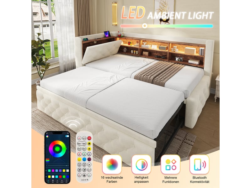  Lit banquette 90x190 cm, led, usb-c, canapé-lit extensible, accoudoir coffre, tête de lit étagère, sommier, velours, beige Seren Glow - Conforama E