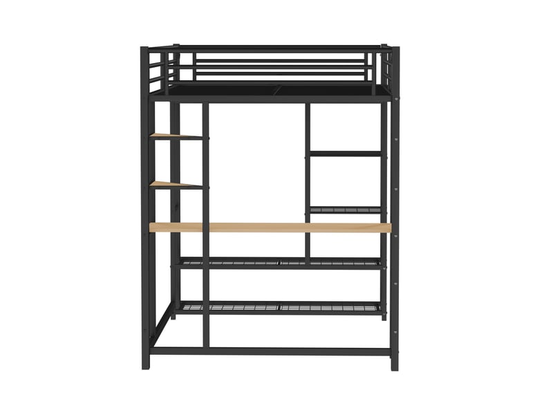  Lit mezzanine double 200×140 cm avec bureau, penderie et rangements, sans matelas, en métal noir  - Conforama E