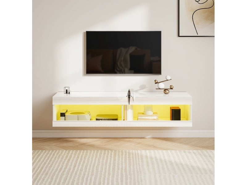  Meuble tv mural 140x40x30 cm blanc brillant avec led rgb et 2 niches  - Conforama E