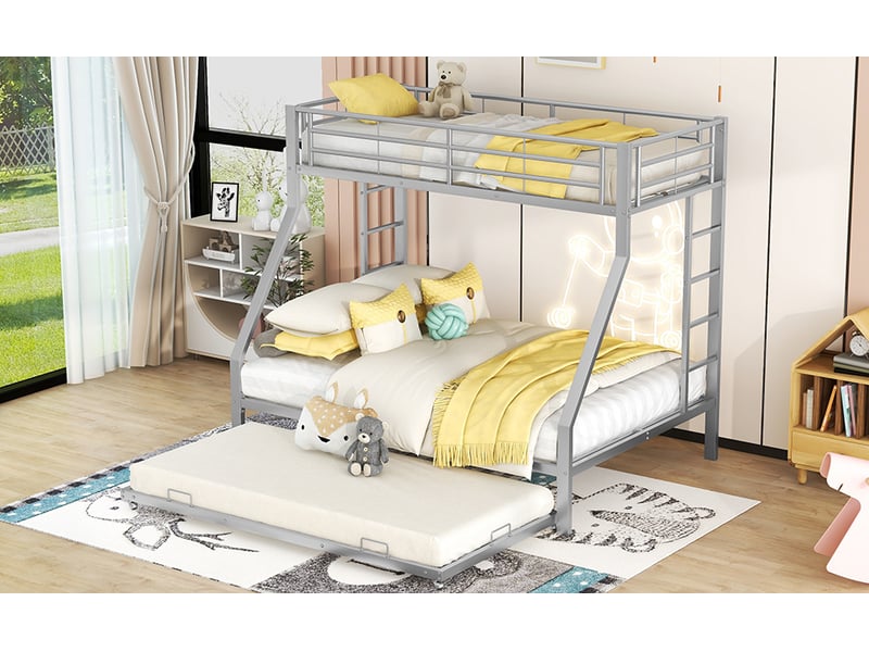  Lit superposé 4 places 90×200 cm, 140×200 cm et 90×190 cm avec lit gigogne - okmyhome- métal argenté, sans matelas  - Conforama E