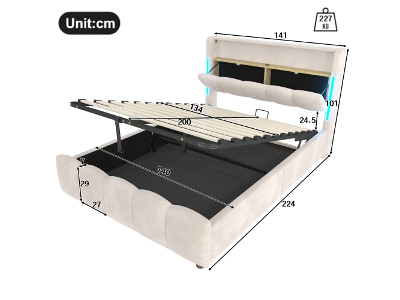 Lit coffre 140x200 cm - lit coffre double avec led et ports usb - capitonné en velours avec tête de lit et sommier relevable - beige, sans matelas  - Conforama D