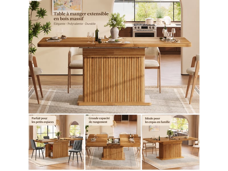  Table à manger extensible 120-160 cm avec rangement intégré, finition bois marron foncé  - Conforama B