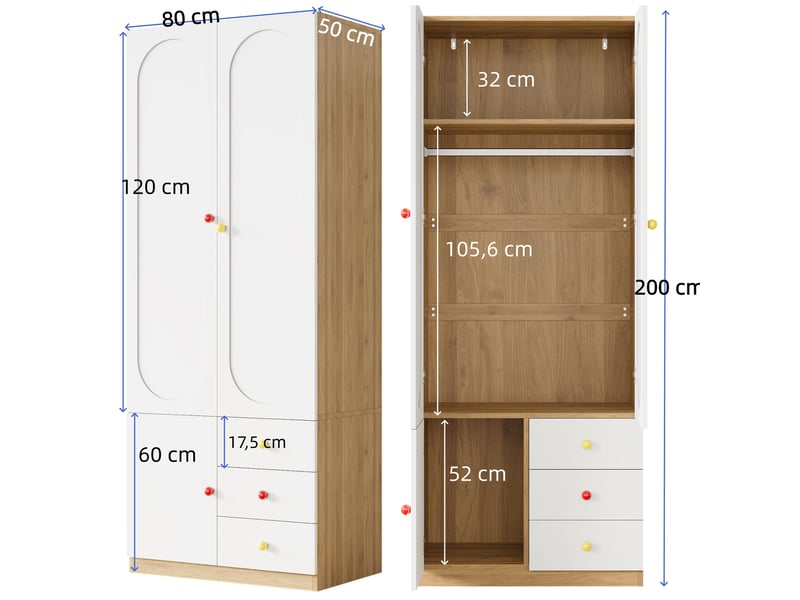  Lot de 2 armoires penderies 160x50x200 cm blanches en mdf, 2 portes par armoire, 3 tiroirs et tringle de rangement  - Conforama C
