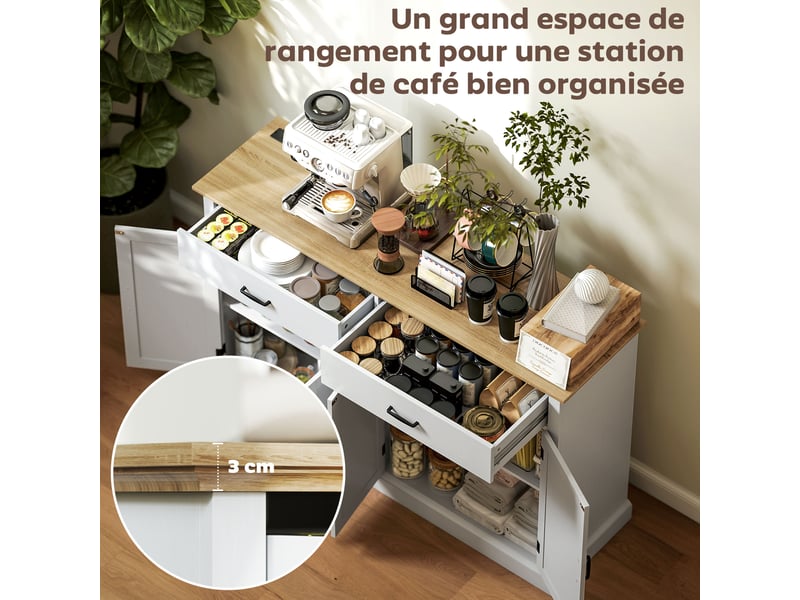 Buffet 2 portes de grange 2 tiroirs avec prises et usb blanc et chêne 140x40x91,5 cm  - Conforama E