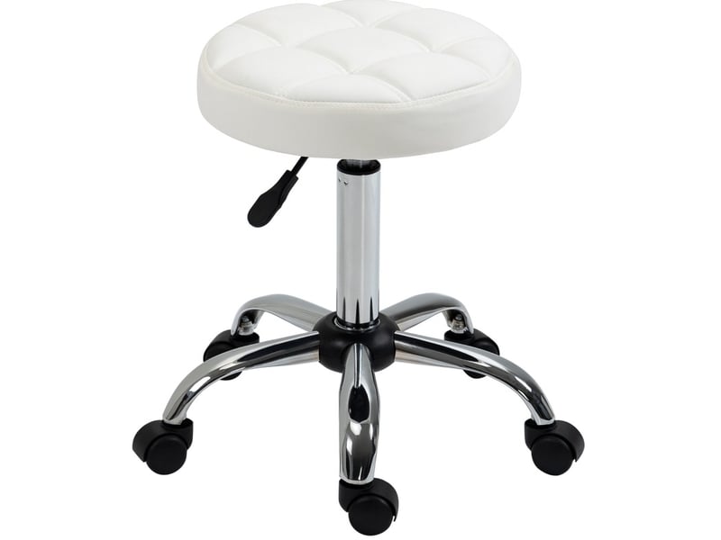  Tabouret roulant 35,5x51-67 cm, pivotant, réglable, avec roulettes, pour bureau et salon de coiffure, similicuir blanc  - Conforama A