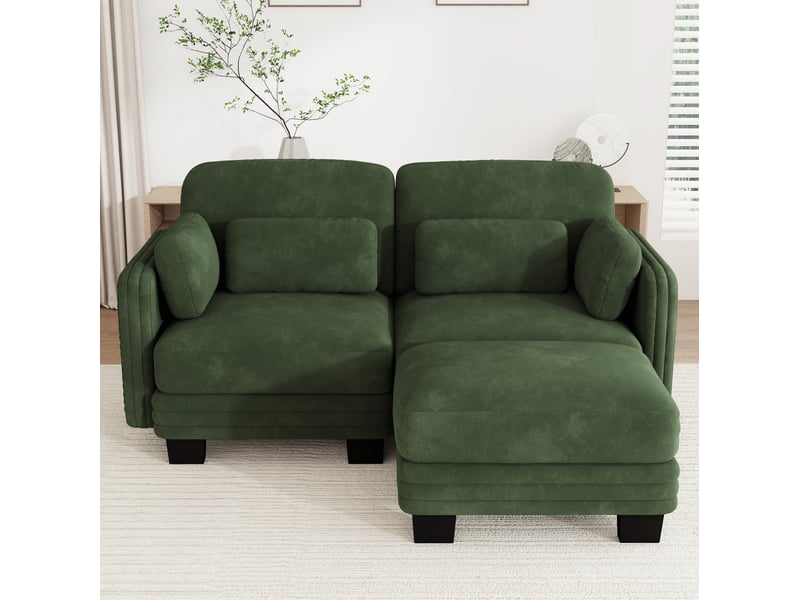  Canapé modulable d'angle 2 places 176x143x88 cm avec pouf en chenille vert  - Conforama E