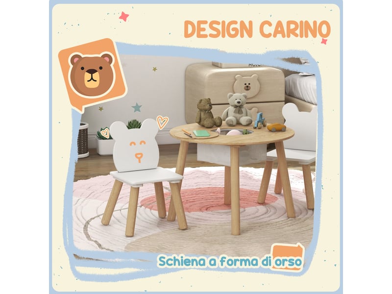  Ensemble table et 2 chaises pour enfants avec dossier en forme d'ourson, table basse avec rangement, blanc et bois  - Conforama E