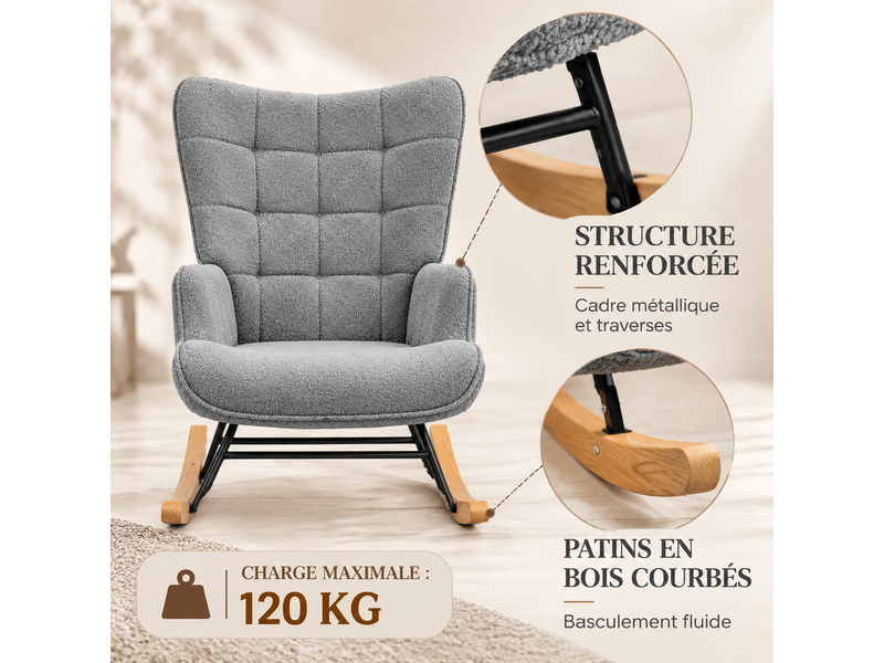 Fauteuil à bascule teddy, fauteuil berçant allaitement haut dossier avec accoudoirs, chaise berçante confortable pour lecture, salon, chambre bébé, adulte - Conforama E