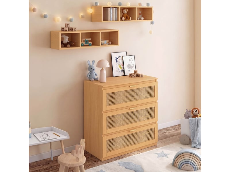  Commode à langer évolutive edhen bois et cannage 3 tiroirs, table à langer et 2 étagères amovibles  - Conforama C