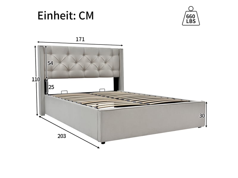  Lit coffre rembourré 160 x 200 cm en tissu coton gris clair, sommier à lattes, tête de lit capitonnée AB30564123H - Conforama C