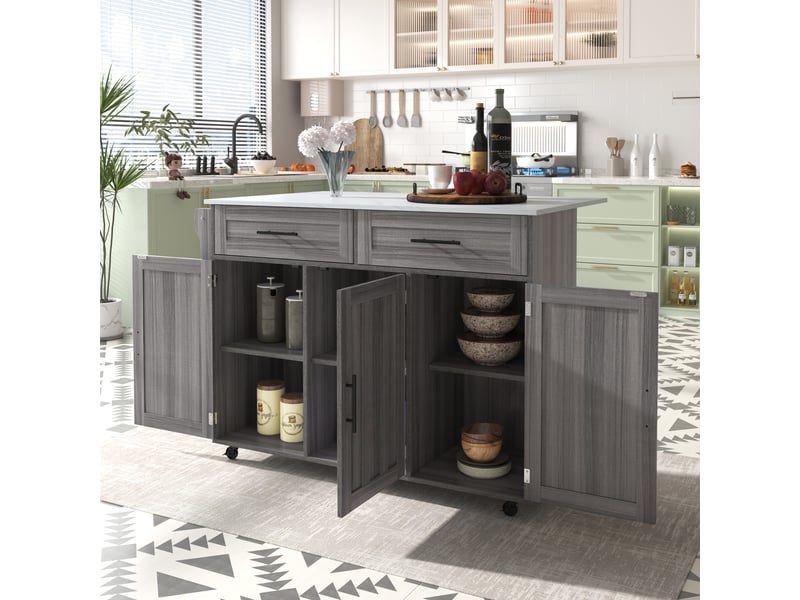  129 x 46 (71) x 91,5 cm. Buffettable de salle à manger avec plateau rabattable, étagères intégrées aux portes, îlot de cuisine sur 5 roulettes avec placards et 2 tiroirs, blanc et gris kaki.  - Conforama C