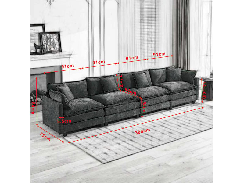  Canapé modulable 4 places bleu en chenille, 380 x 75 x 84 cm  - Conforama E
