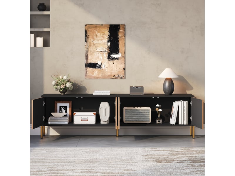  Meuble tv modenvie 179 x 35 x 53,5 cm à 4 portes en panneaux de particules noir et naturel  - Conforama E