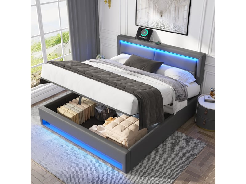  Lit adulte 160x200cm,lit coffre en pu avec connexion usb(supporte le chargement sans fil et filaire) et lumière led,gris lit adulte gris - Conforama B