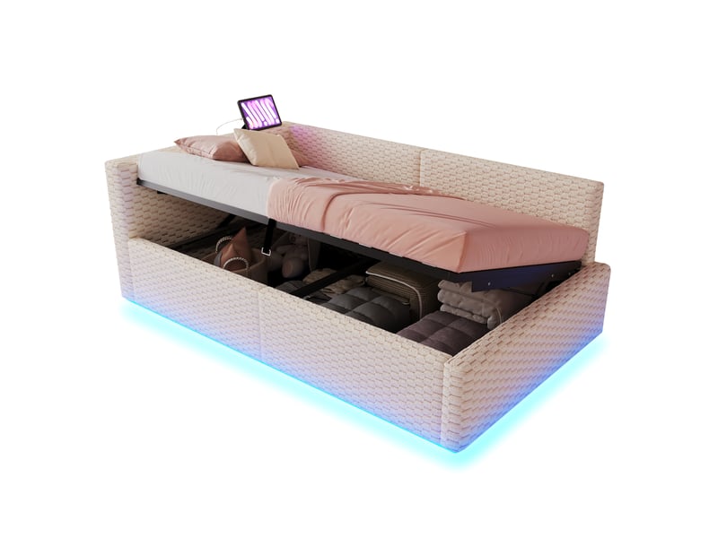  Modenvie lit coffre 90x200 cm - avec led, ports usb et usb-c, rangement hydraulique, sans matelas - beige  - Conforama A