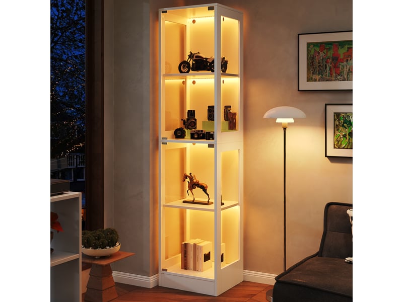 Vitrine led avec porte en verre, 4 niveaux, 40 x 35 x 170 cm, mdf blanc - Conforama E