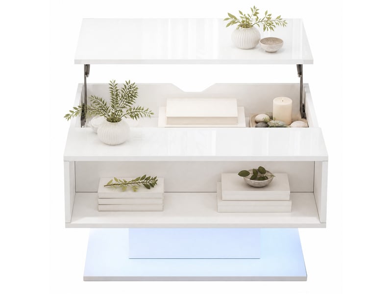  Table basse relevable avec rangement caché et niche semi-ouverte, led, pour salon, blanc, 80 × 75 × 40 cm  - Conforama A
