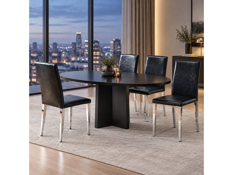  Lot de 4 chaises de salle à manger avec dossier ergonomique  - pieds métal, simili cuir noir et argent  - Conforama B
