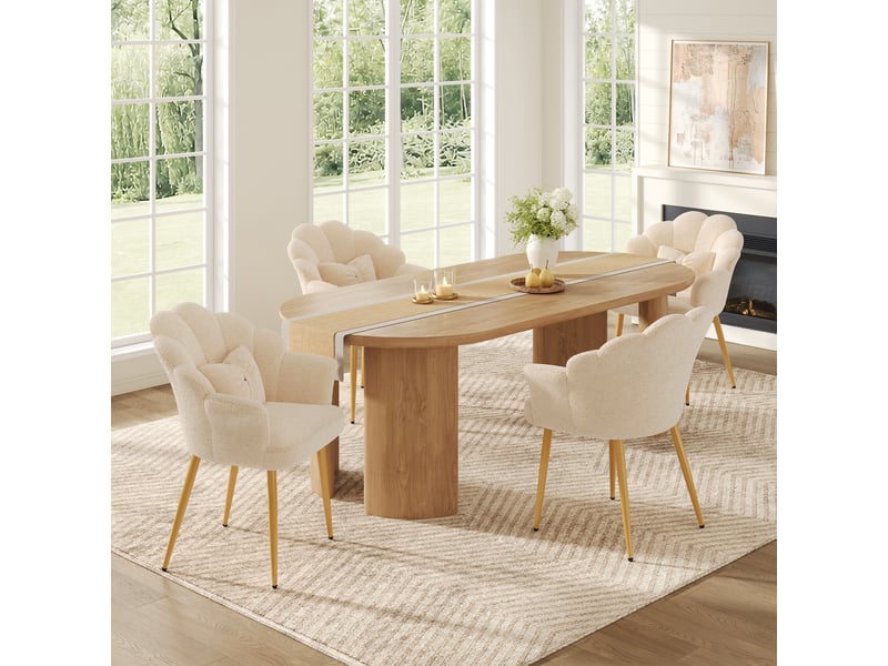 Lot de 4 fauteuils de salle à manger avec dossier pétale, accoudoirs, coussin nœud et pieds en métal doré, tissu bouclette teddy,beige evarich - Conforama E