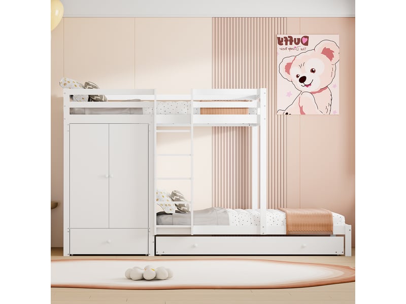  Lit superposé en bois massif 90x200 cm avec lit gigogne, lit enfant avec armoire, tiroirs et compartiment de rangement, blanc  - Conforama C