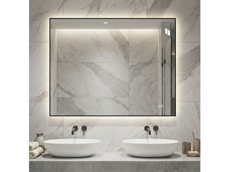  Miroir de salle de bains led 90x70 cm argent, cadre en aluminium, éclairage arrière réglable et antibuée  - Conforama B