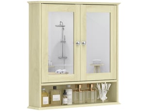 Meuble de salle de bain avec miroir, armoire murale à 2 portes, étagère ouverte, étagère réglable, 56 x 13 x 58 cm, naturel