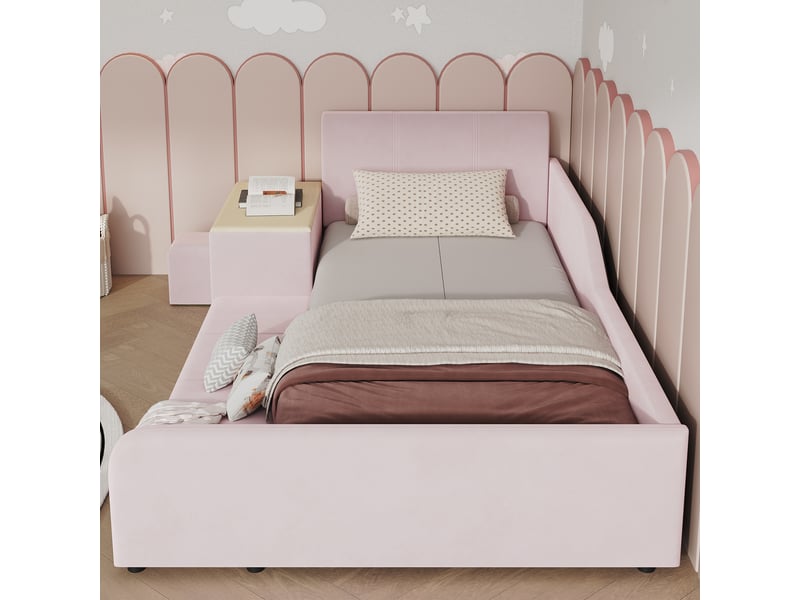  Lit simple 90x200 cm, lit enfant, sommier à lattes, bureau, étagères, tête de lit rembourrée, velours rose  - Conforama D