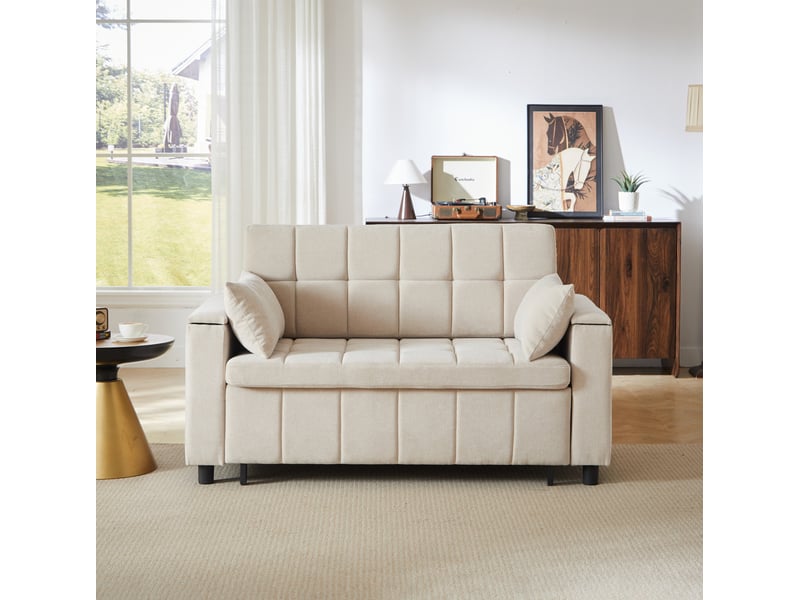  Canapé convertible 2 places 148,6 x 81,3 cm beige en chenille, couchage d'appoint et rangements latéraux  - Conforama B