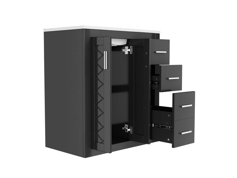  Meuble vasque sur pieds 76 x 46,5 x 85,5 cm – noir – 3 tiroirs, double porte et vasque intégrée  - Conforama A